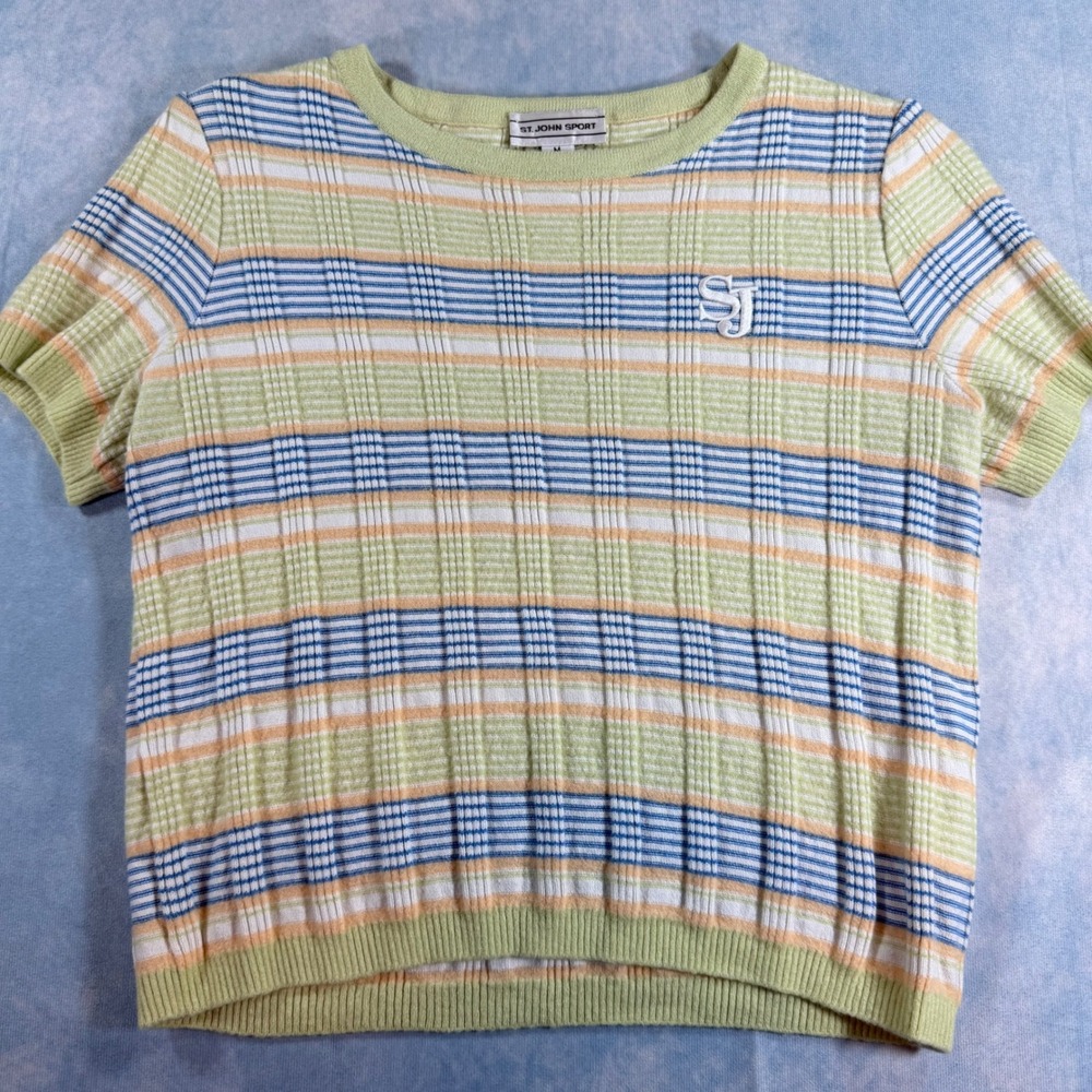St. John Sport Knit Top Womens M Multi Color Exc Striped Wool Blend SJ Logo